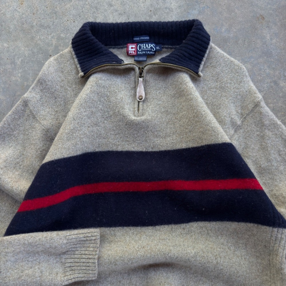 Vintage 90s Chaps Ralph Lauren Quarter Zip Sweater Striped Tan Medium (g4)